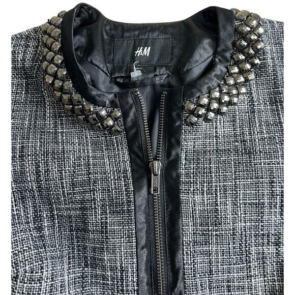 H&M Black Crop Jacket Sz 2 Beaded Collar Tweed Full Zip Long-Sleeve Layering Top - Picture 2 of 8